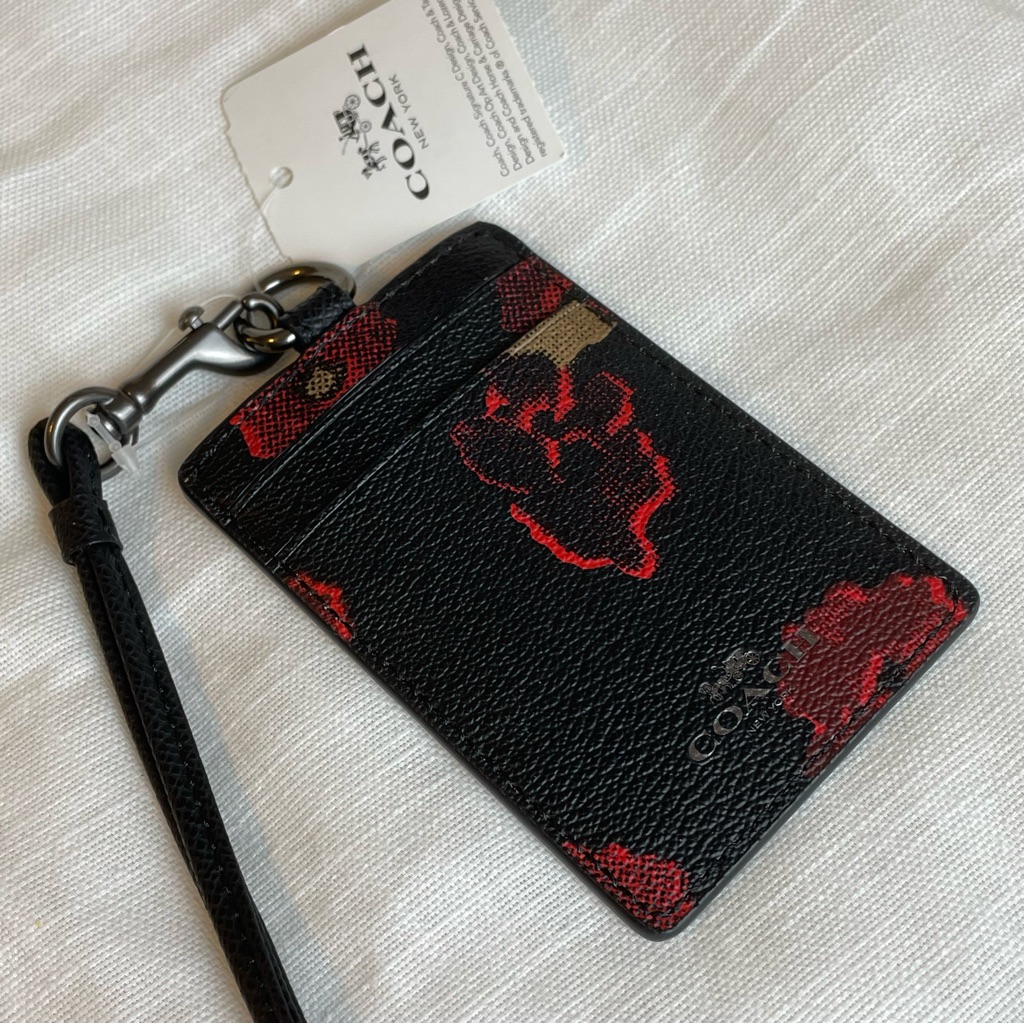 Nwt! Coach Halftone Floral Lanyard Badge And Id Holder | Black With Red Flowers